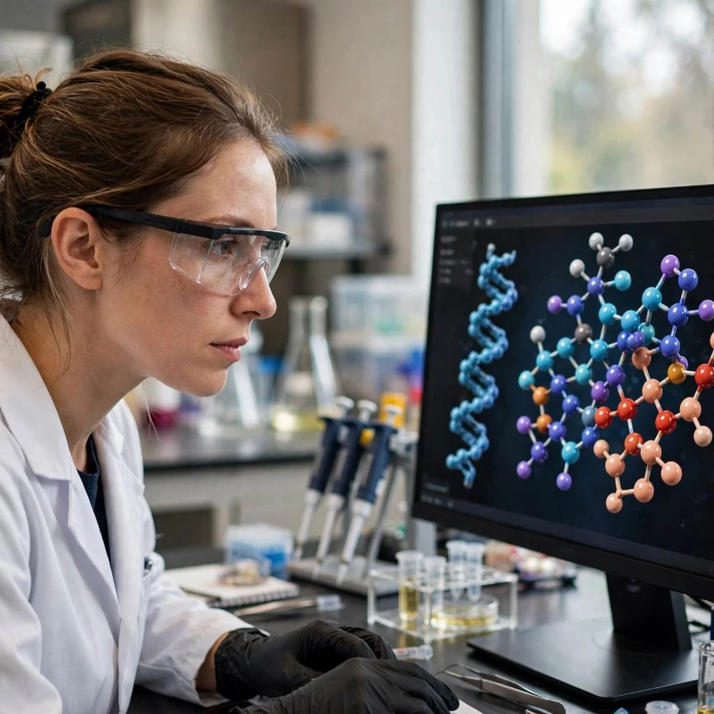 Researcher studying molecular peptide modeling on computer