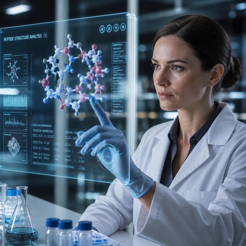 Scientist Examining Peptide Molecular Structure Hologram