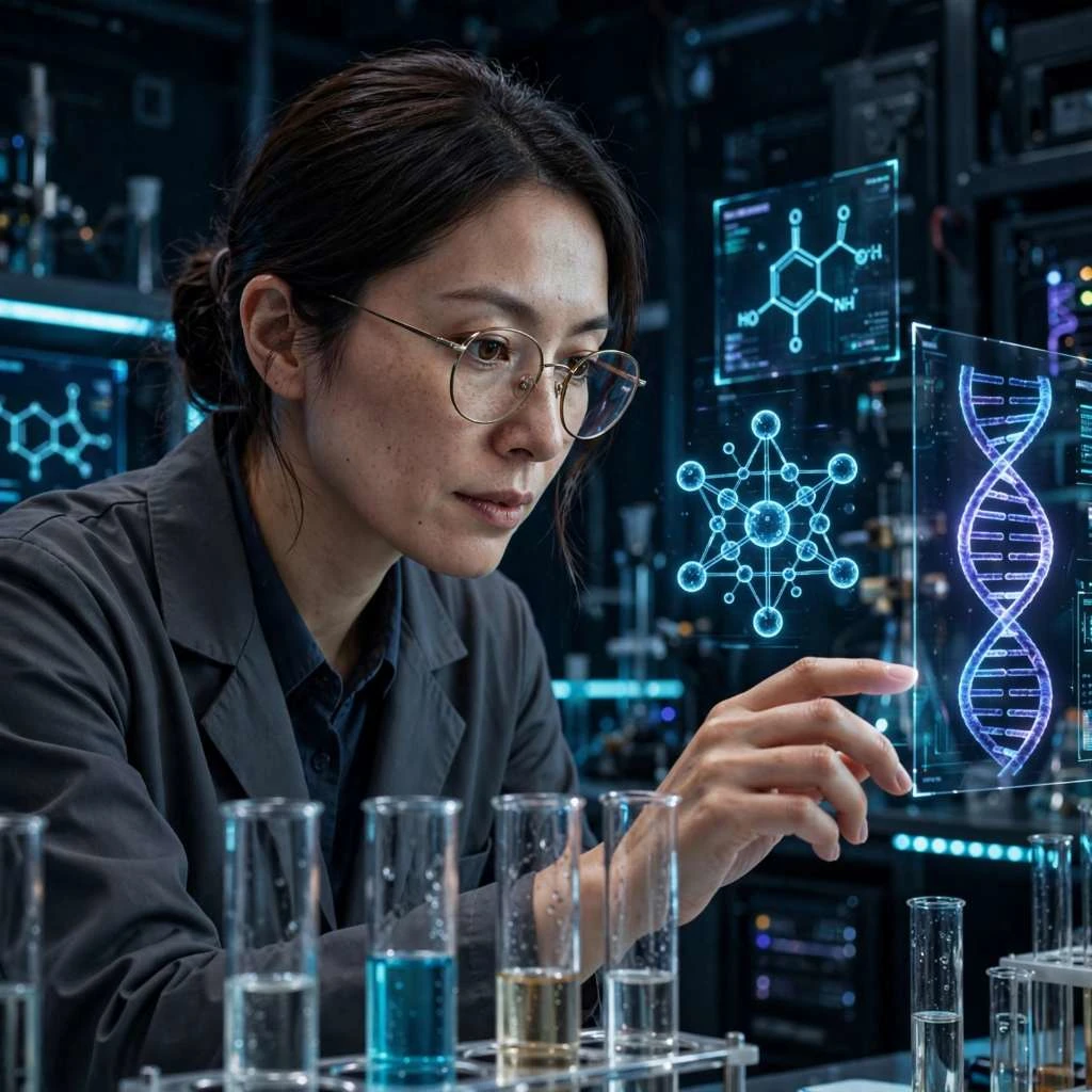 Researcher Analyzing Holographic Molecular Model